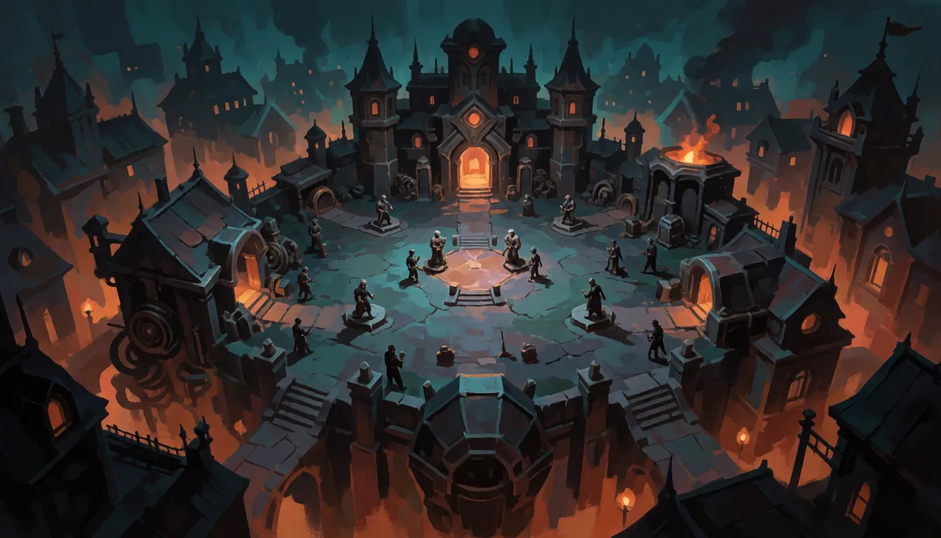 A wide view of the Deadlock map showing lanes, a large defensive structure and the central area where teams contest objectives.